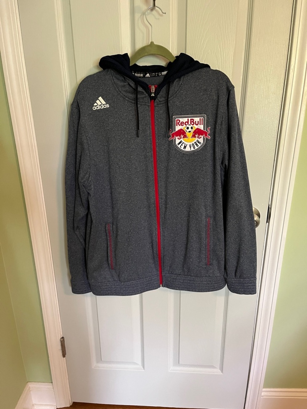 adidas Gray Hoodie with Red Trim and Red Bull Crest
